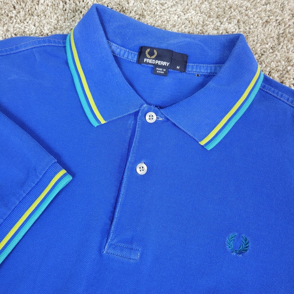 Fred Perry Mens Medium Solid Blue Stretch Knit Polo Short Sleeve